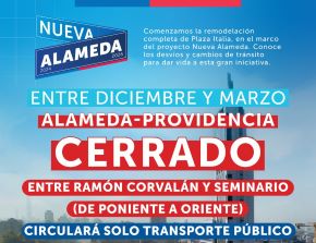 Inician campaña informativa de nueva etapa de remodelación de Plaza Italia: Se prohibirá circulación de vehículos particulares en Alameda-Providencia hacia el oriente